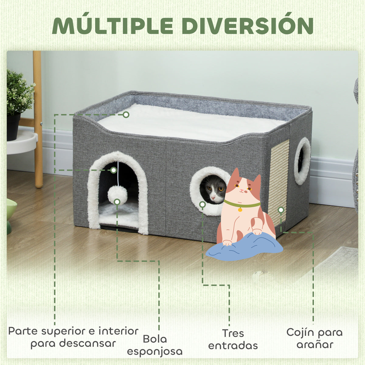 Pawhut Casa Para Gatos Plegable Con Rascador 3 Entradas 60x40x34 Cm Gris_3
