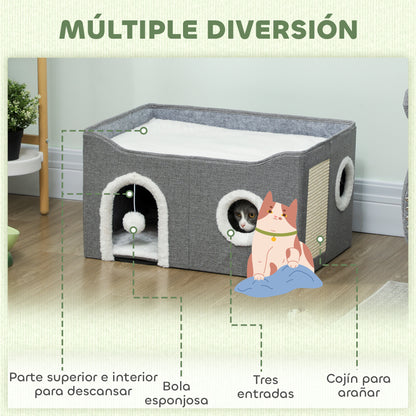 Pawhut Casa Para Gatos Plegable Con Rascador 3 Entradas 60x40x34 Cm Gris_3