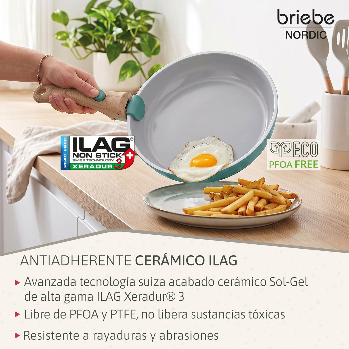 Briebe Nest Batería Cocina Inducción Cerámica Mango Extraíble Apilable, Antiadherente Suizo Ilag, 13 Piezas, 3 Sartenes_3