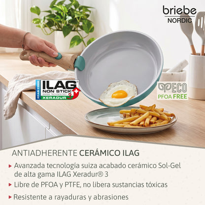 Briebe Nest Batería Cocina Inducción Cerámica Mango Extraíble Apilable, Antiadherente Suizo Ilag, 13 Piezas, 3 Sartenes_3