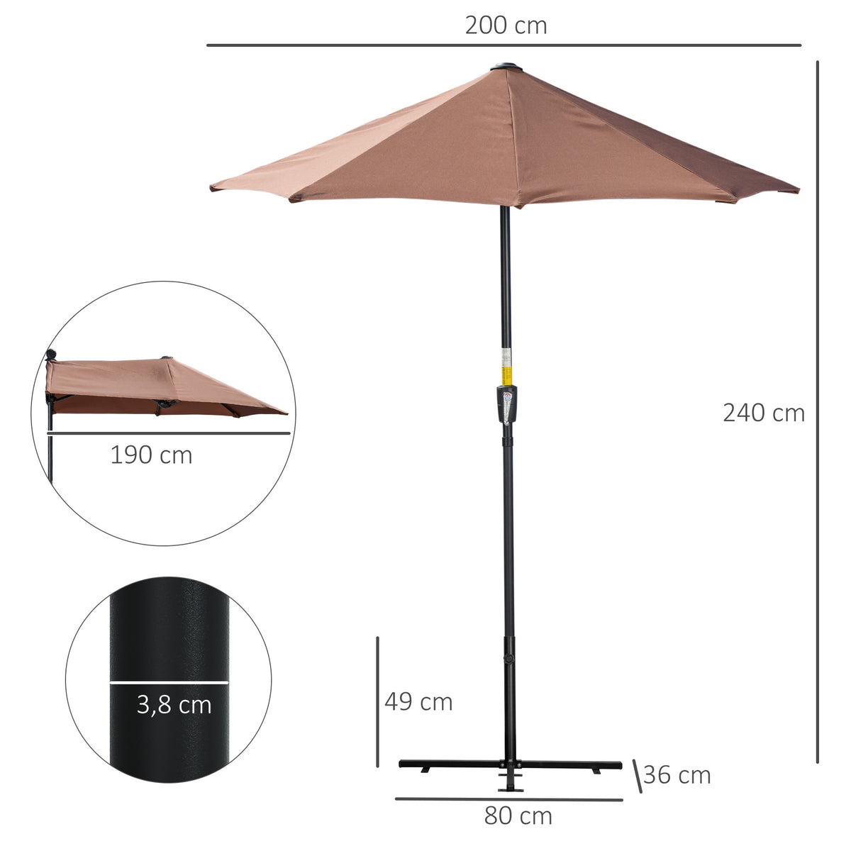 Sombrilla De Jardín Outsunny Acero, Poliéster Café 190x200x240 Cm_2