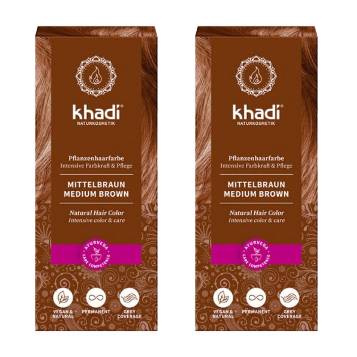 Pack 2x Tinte natural color castaño medio, Khadi, 100 g