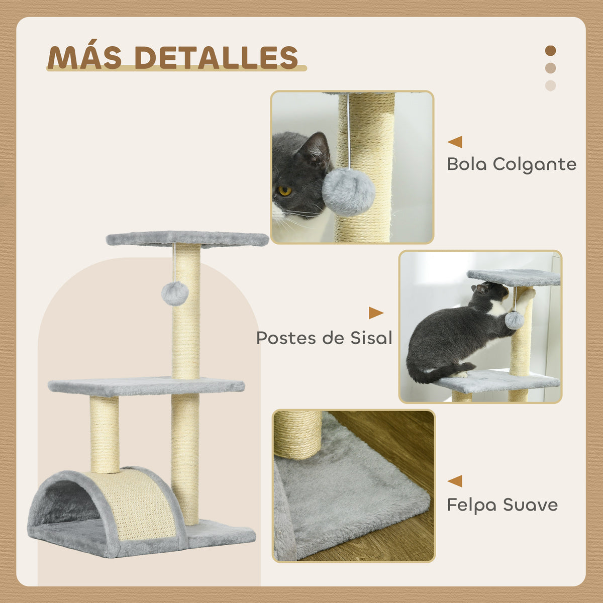 Pawhut Árbol Rascador Para Gatos Mediano De 3 Niveles 40x35x72 Cm Gris Claro_4