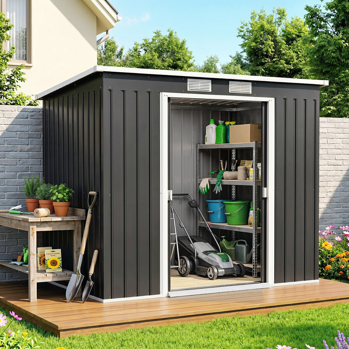 Cobertizo De Jardín Outsunny Acero Galvanizado Gris Oscuro 213x130x172 Cm_4