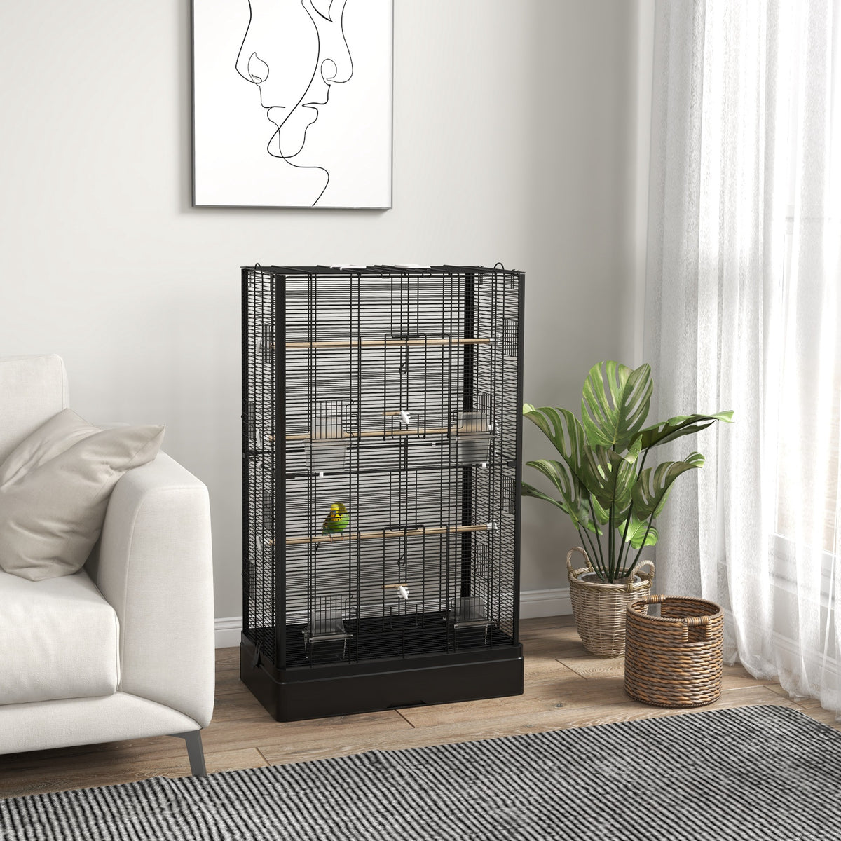 Jaula Para Pájaros Pawhut Acero, Madera De Abeto Negro 61x36.5x98 Cm_1