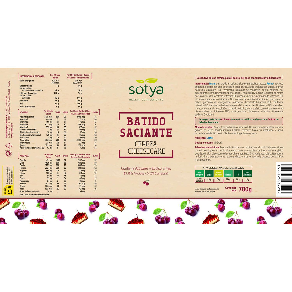 SOTYA Batido saciante sabor cereza cheesecake 550 gr