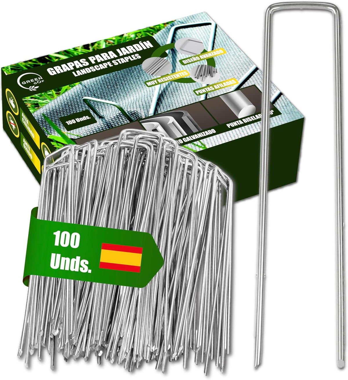GREEN GOF 100 Grapas Para Malla Antihierba, Cesped Artificial Y Jardin. Acero Galvanizado, 15x4cm, Ø3mm._0