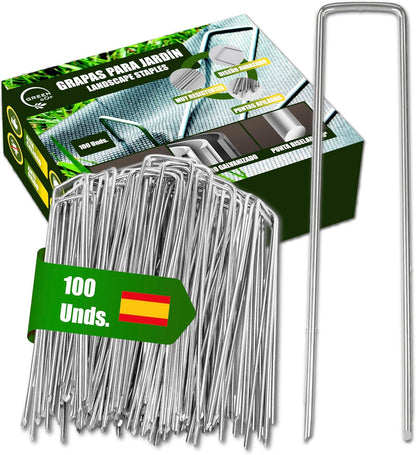 GREEN GOF 100 Grapas Para Malla Antihierba, Cesped Artificial Y Jardin. Acero Galvanizado, 15x4cm, Ø3mm._0