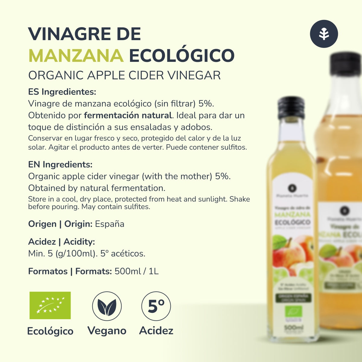 Pack 6 x Vinagre de manzana ECO crudo sin filtrar con la madre Planeta Huerto 1L