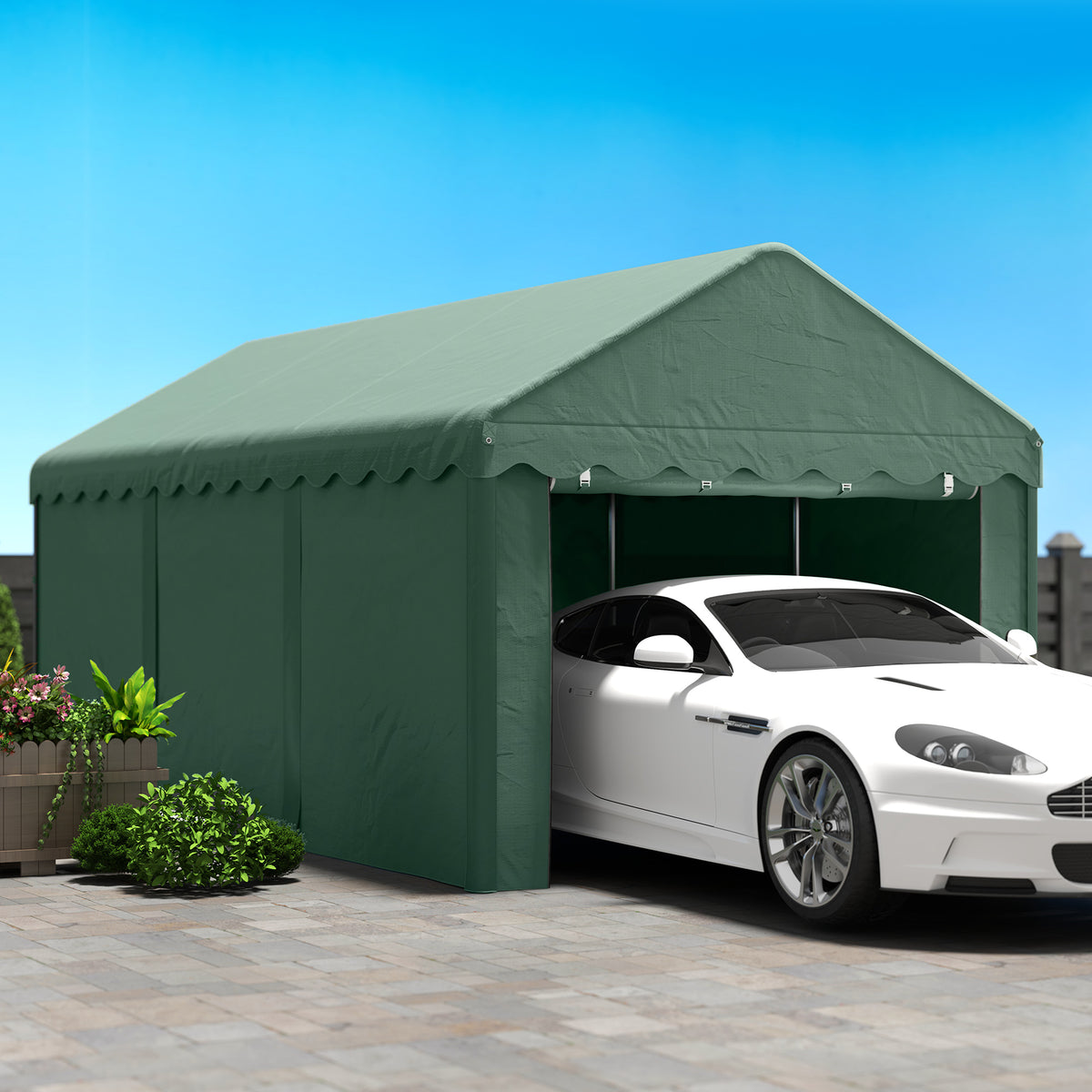 Garaje Exterior Coche Outsunny Poliéster, Acero Galvanizado Verde 594x300x280 Cm_4
