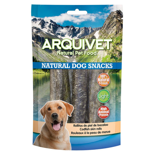 Snack natural para perros Rollitos de piel de bacalao Arquivet 70 g