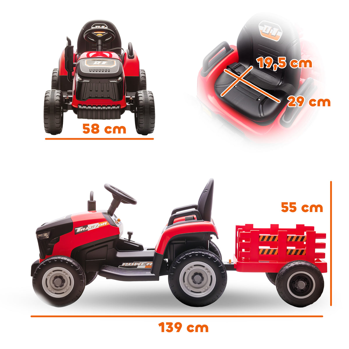 Tractor Eléctrico Infantil Aiyaplay Plástico, Metal Rojo 139x58x55 Cm 370-389v90rd_2