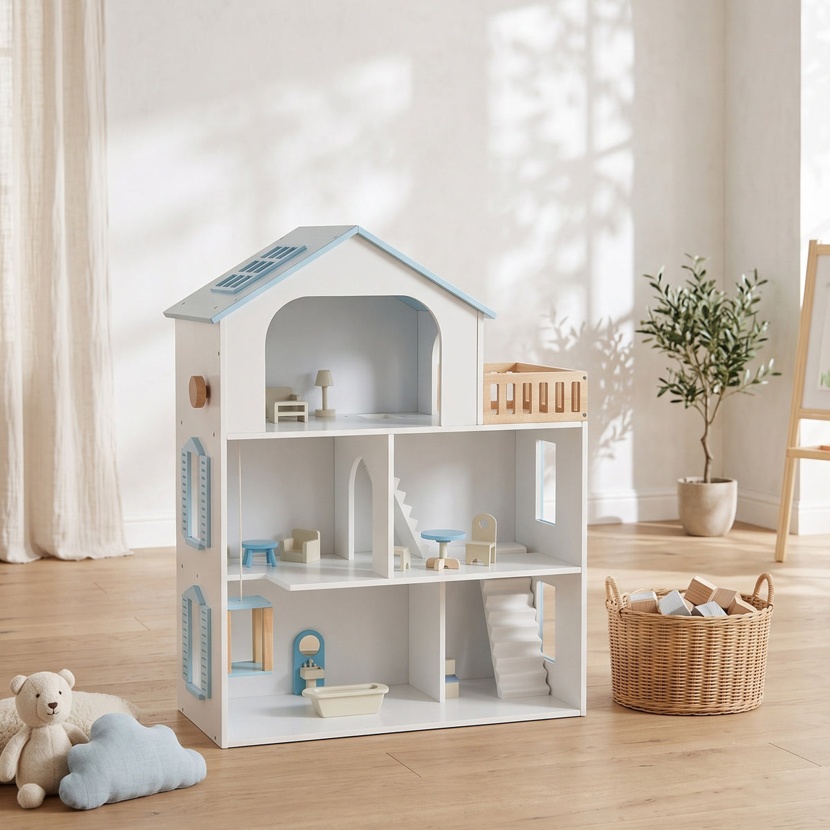 Casa De Muñecas Aiyaplay Mdf, Madera De Pino Azul 63.5x29.5x79.5 Cm_1