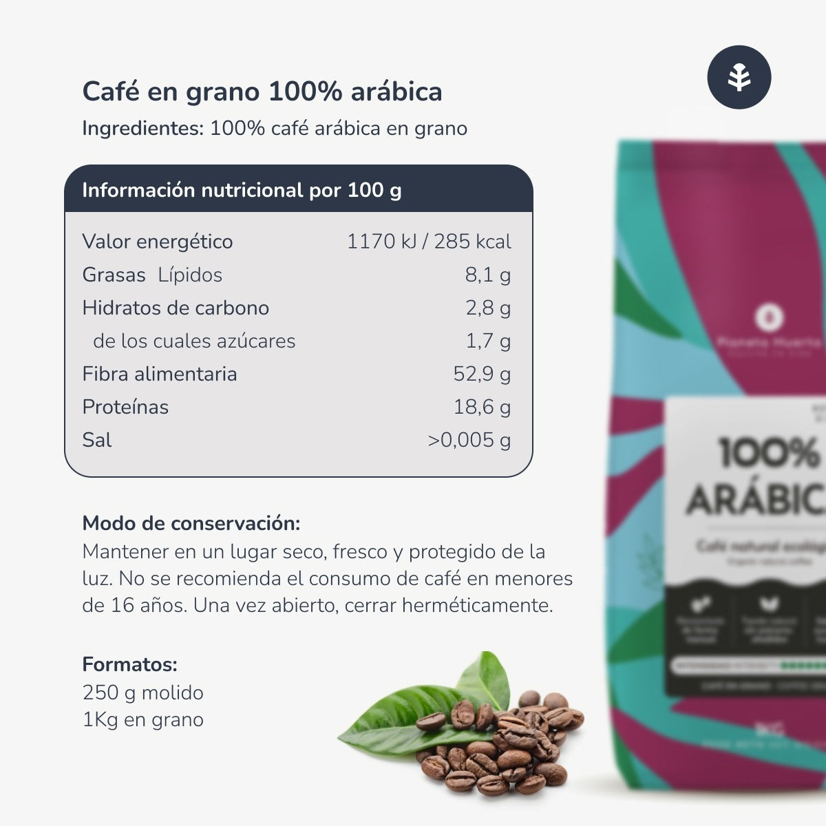 Pack 12x Café en grano Eco 100% Arábica Planeta Huerto 1 Kg