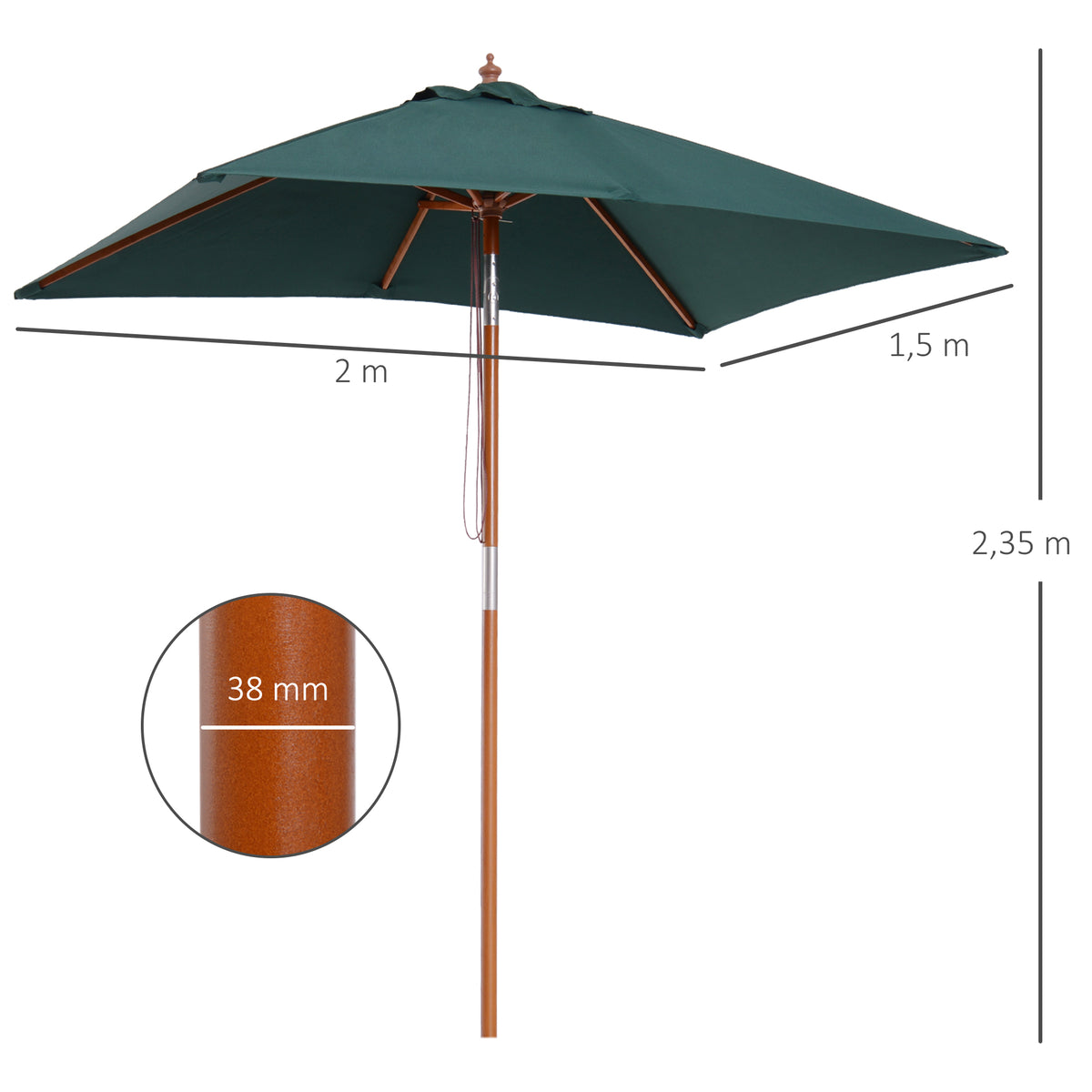 Sombrilla De Jardín Inclinable De Madera Outsunny 200x150x230 Cm Verde_2