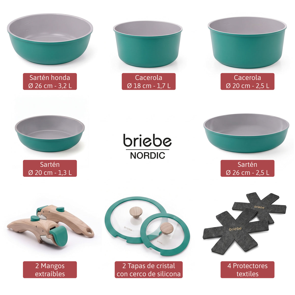Briebe Nest Batería Cocina Inducción Cerámica Mango Extraíble Apilable, Antiadherente Suizo Ilag, 13 Piezas, 3 Sartenes_5