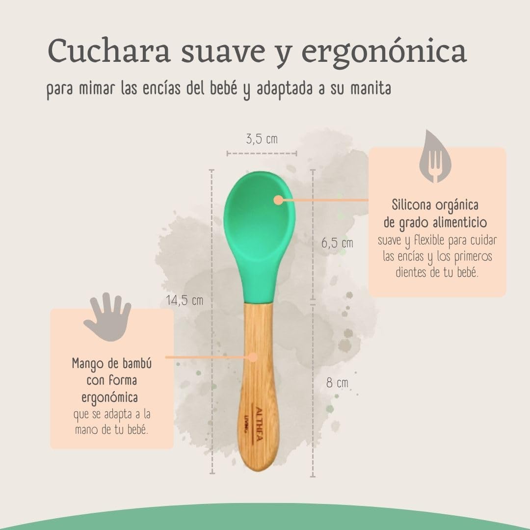 Vajilla De Bambú Natural Para Bebé Con Ventosa Antideslizante 2 Piezas Althea Living Verde Aguamarina_2