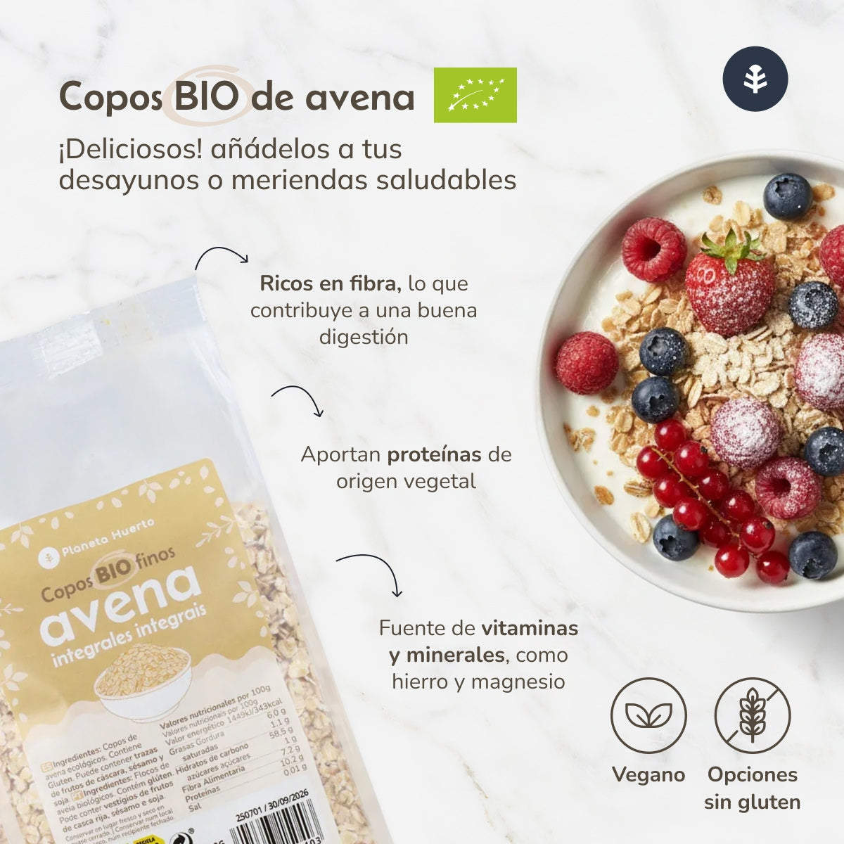 Copos de avena gruesos Sin Gluten ECO Planeta Huerto 1,5 Kg