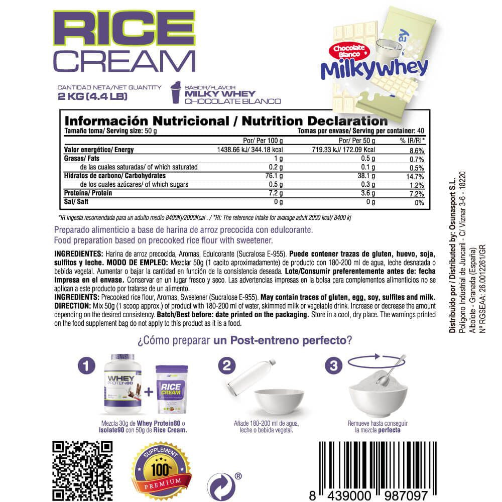 Rice Cream (crema De Arroz Pregelatinizada) - 2kg - Chocolate Blanco Con Leche Milkywhey - Fuente De Carb - Masmusculo_4