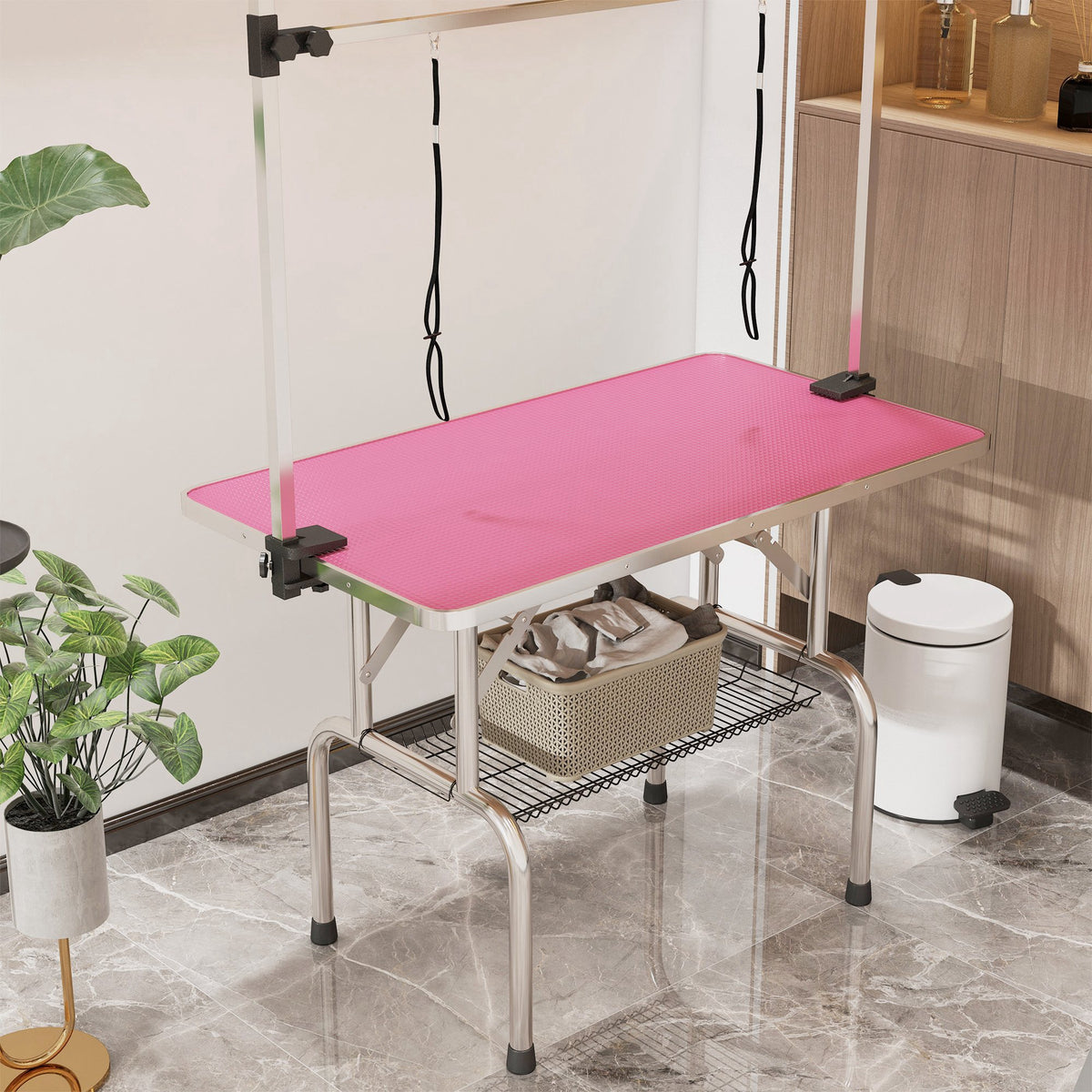 Mesa De Peluquería Pawhut Goma, Metal Rosa 107x60x164 Cm_3