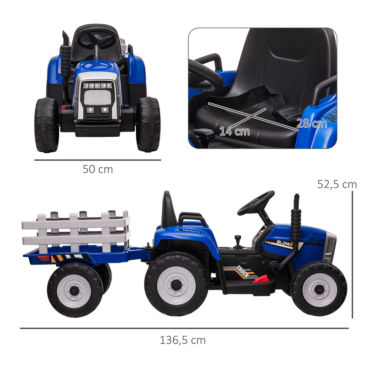 Coche De Batería Infantil Homcom Pp, Metal Azul 136.5x50x52.5 Cm_2