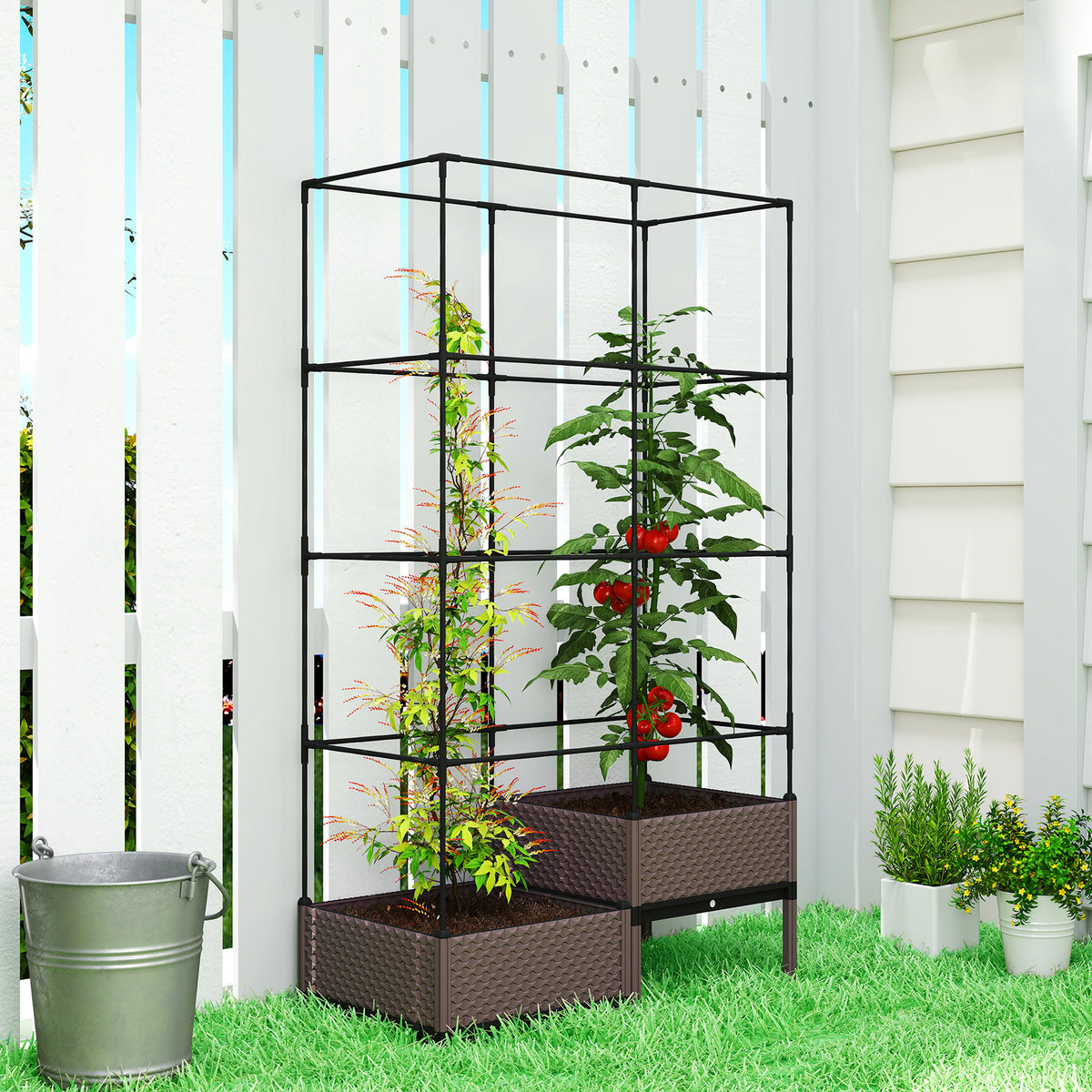 Jardinera Con Enrejado Outsunny Acero, Pp Negro 100x50x174 Cm_3