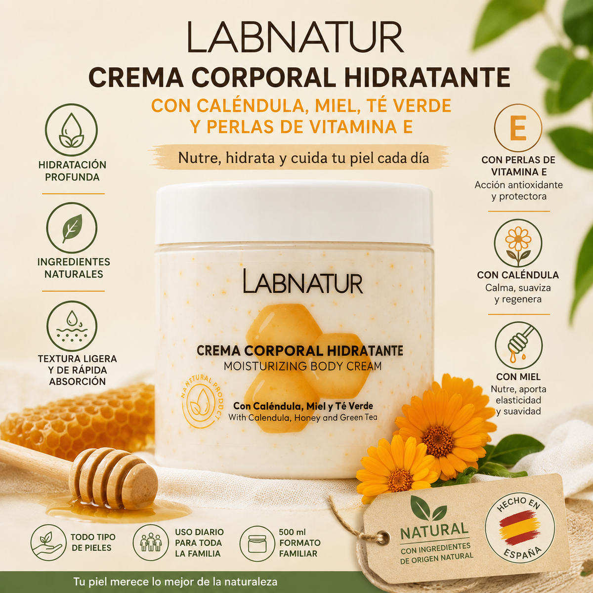 Crema Corporal de Caléndula Labnatur 500 ml | Perlas de Vitamina E, Miel y Té Verde | Hidratación Profunda_2