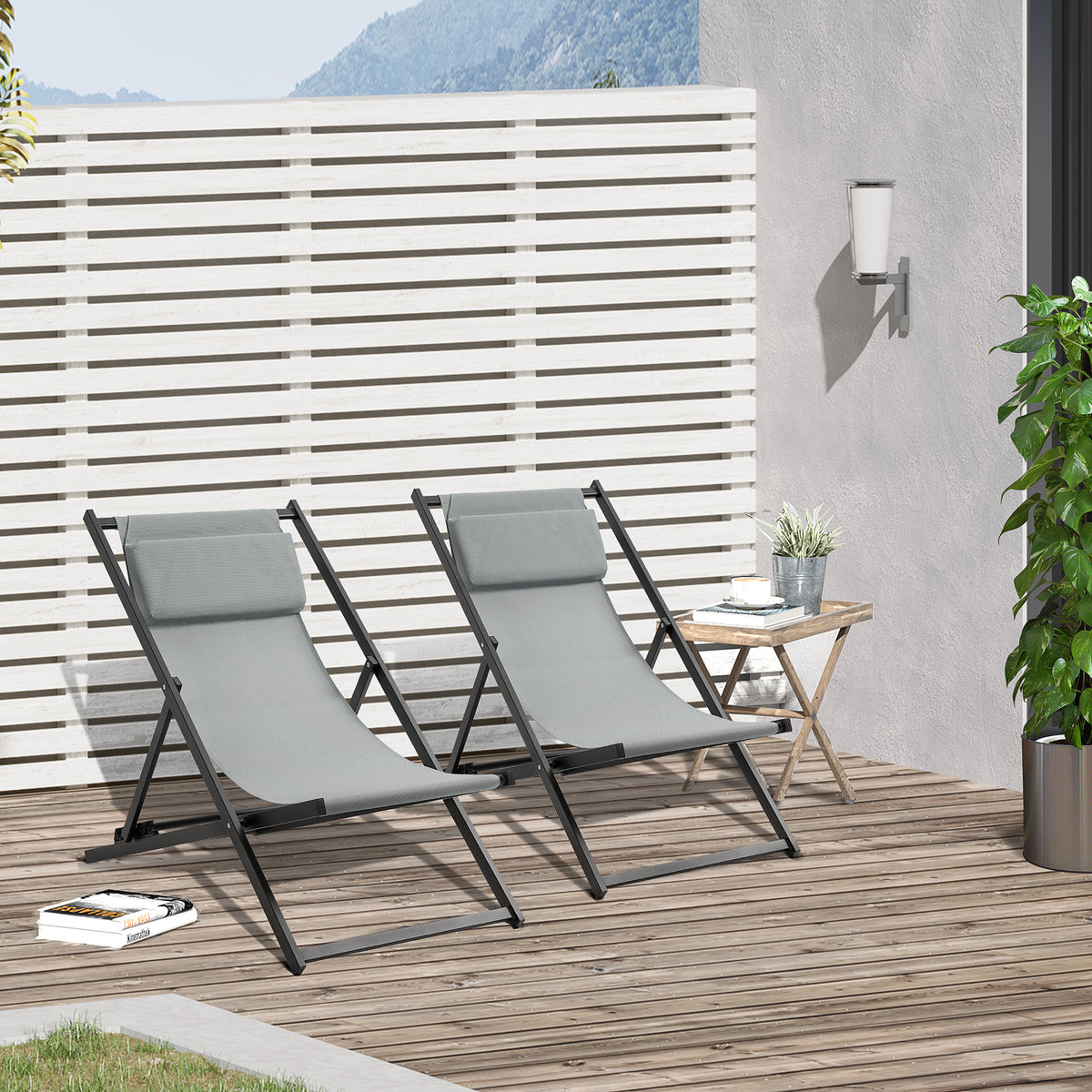 2 Tumbonas Plegables Outsunny Aluminio, Texteline Gris Oscuro 58x96,5x91,5 Cm_1