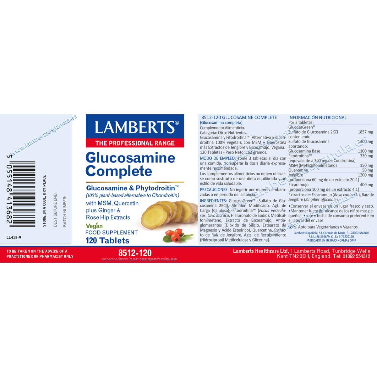 Pack 2 x Glucosamina, Condroitina, MSM, Jengibre Lamberts 120 tabletas