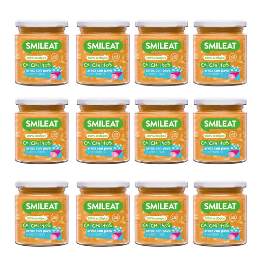 Pack 12x Tarrito Arroz con pavo y verduras Ecológico CA CHI TOS Smileat, 230g