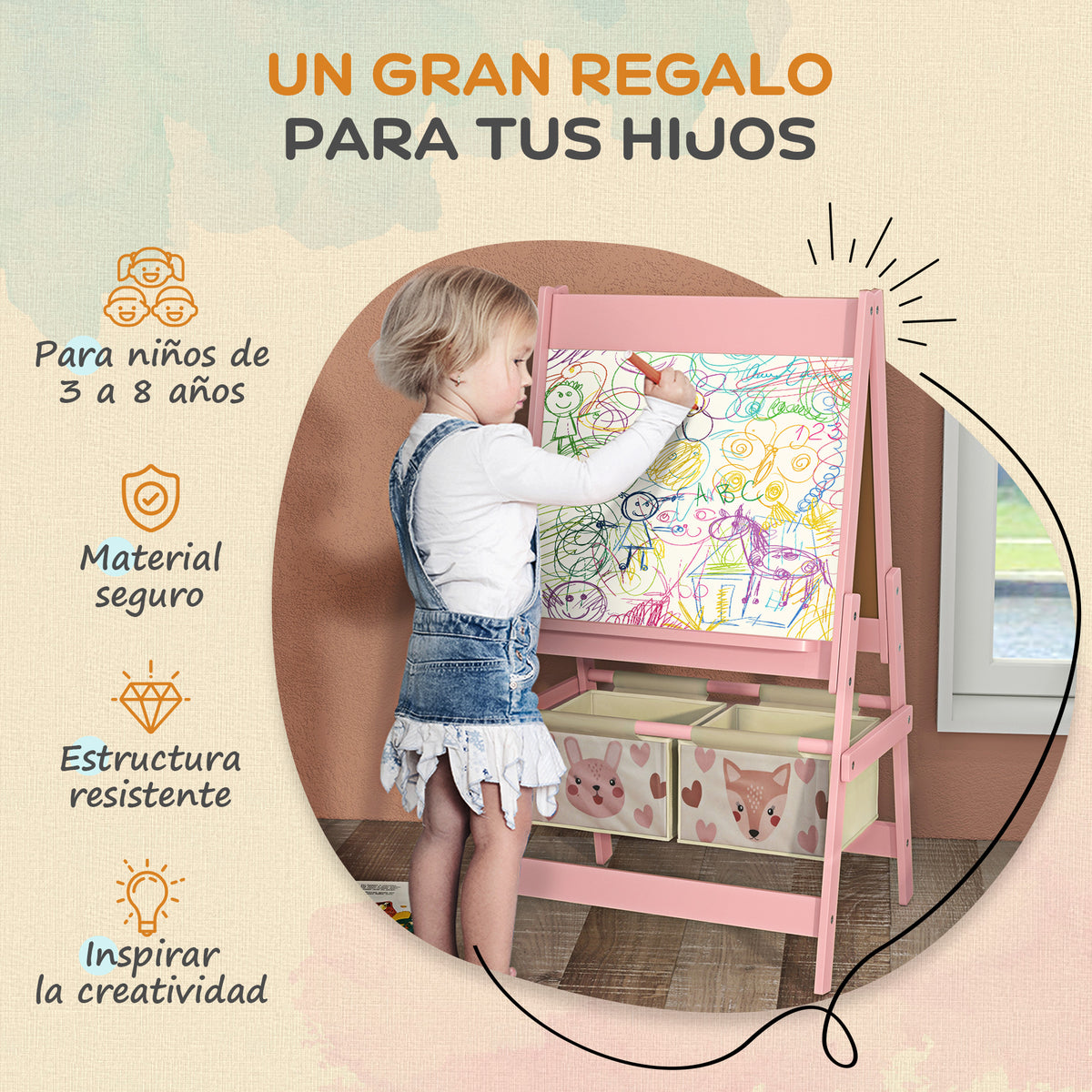Caballete Para Niños Aiyaplay Mdf, Madera De Pino Rosa 54x46.5x93 Cm_5