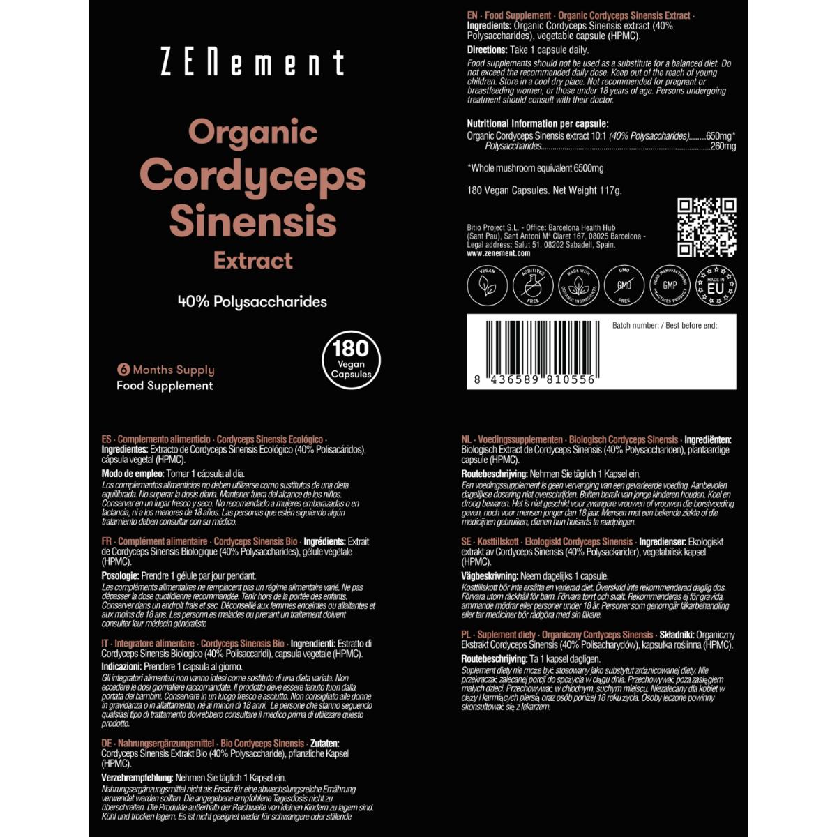Extracto de Cordyceps Sinensis ECO 40% Polisacáridos Zenement, 180 comprimidos Cordyceps Sinensis Ecológico