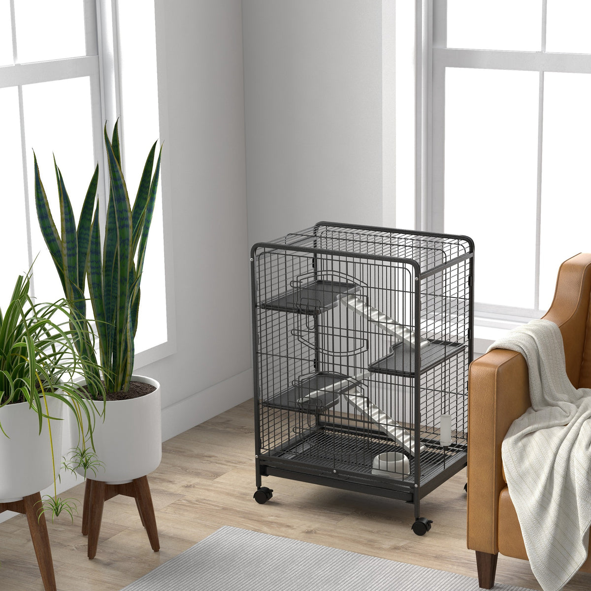 Jaula Para Roedores Con Ruedas Bandeja Pawhut 64x43,5x93 Cm Negro_4