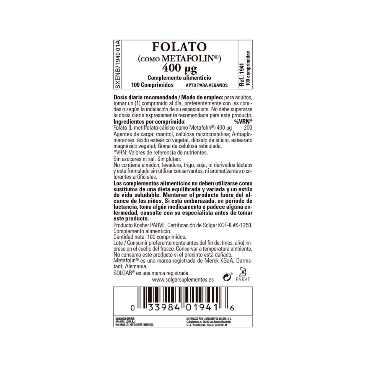 Folato (Metafolin), 100 comprimidos (400g)