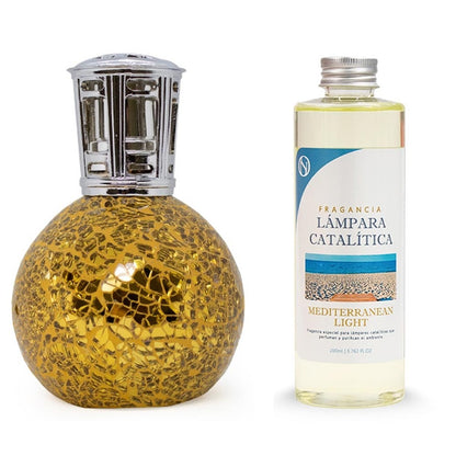 Lámpara Catalítica Mosaico Dorado + Aroma Mediterranean Light 500ml - Elimina Malos Olores, Impurezas Y Perfuma_0