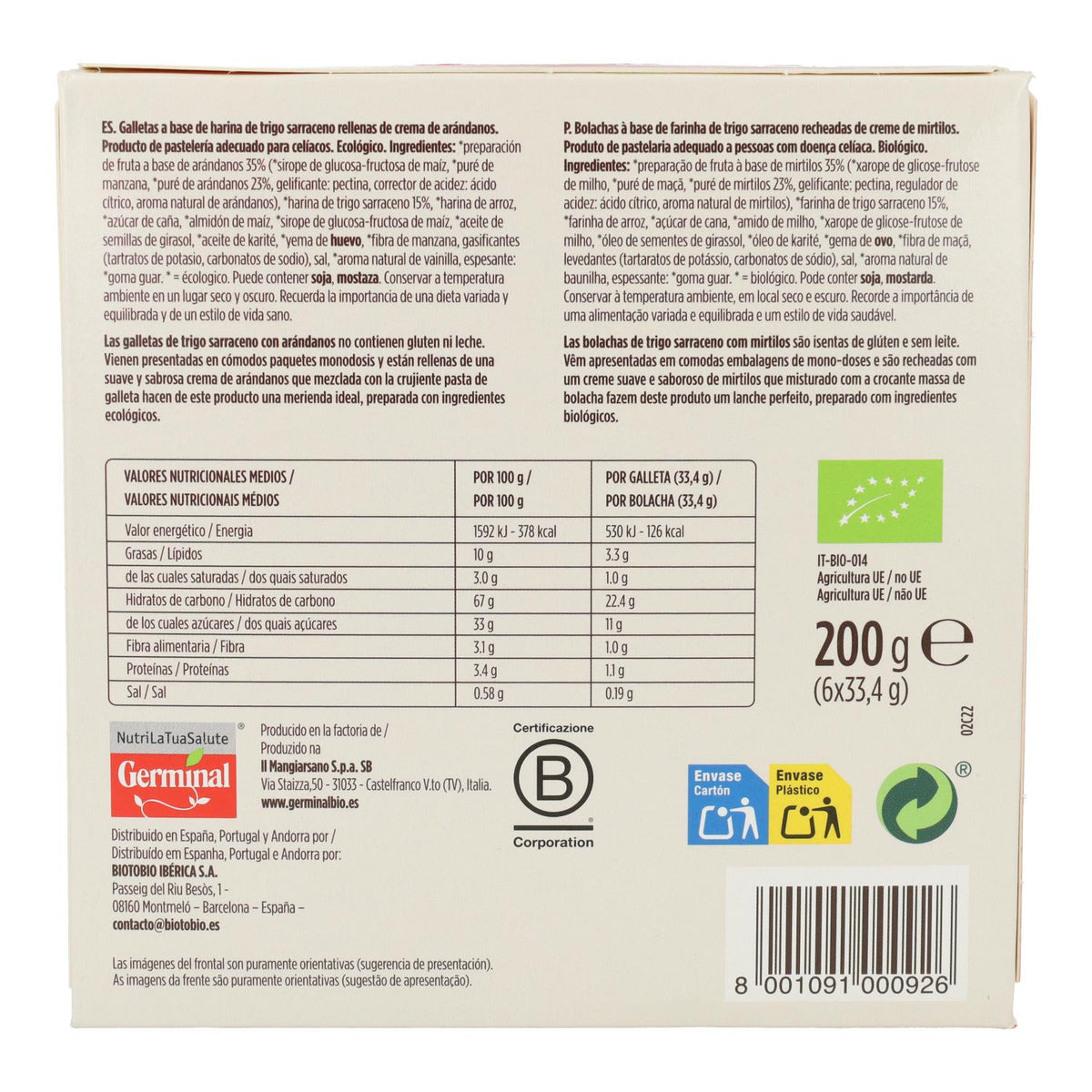 Galletas de arándano y trigo sarraceno sin gluten Germinal Bio 200 g
