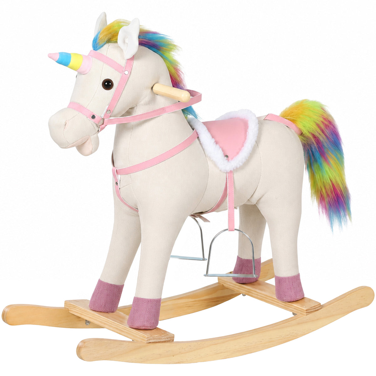 Aiyaplay Cavalinho De Baloiço Para Bebés Em Madeira Maciça E Linho Sintético Creme 71x30x68 Cm_0