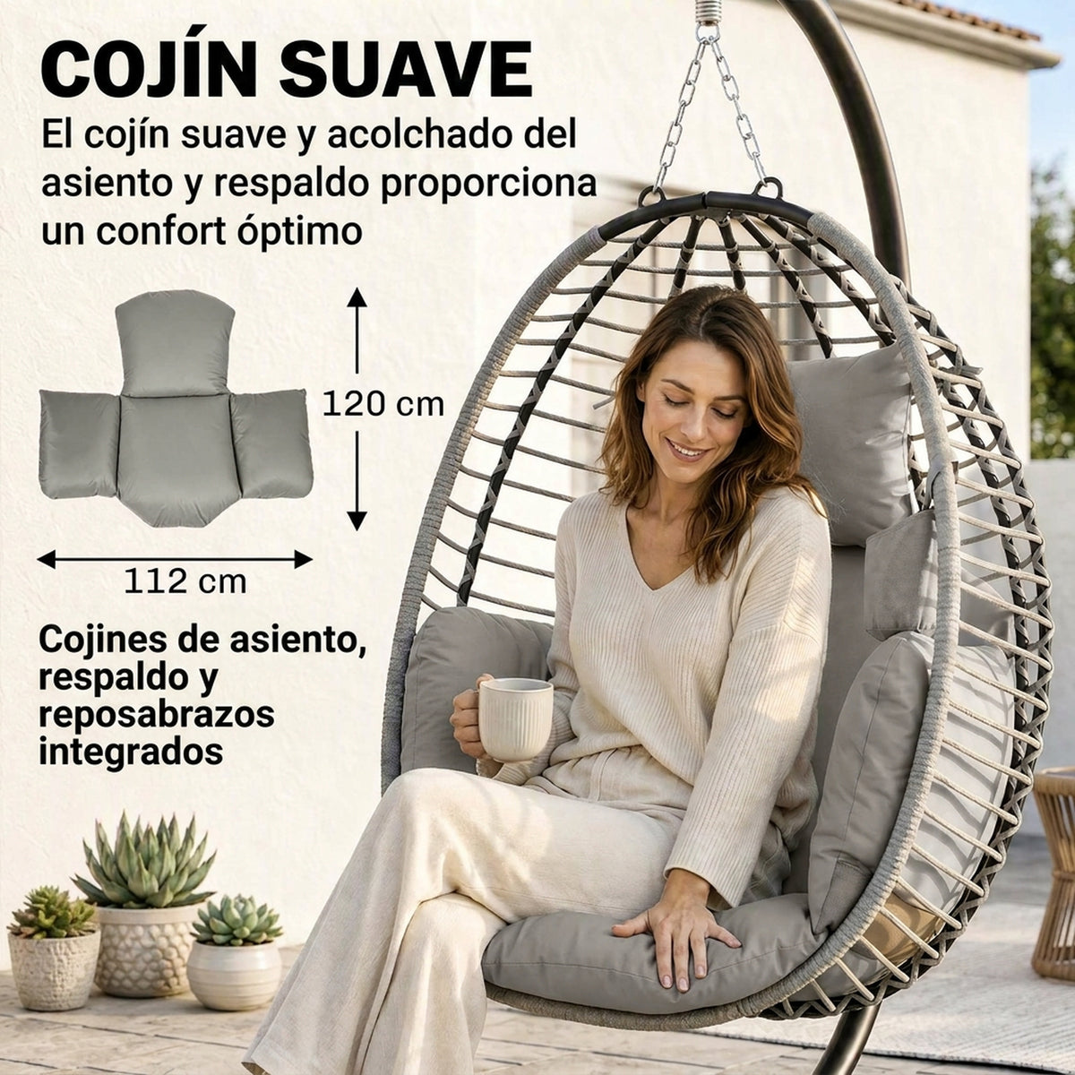 Outsunny Silla Colgante Huevo Con Soporte Cesta Plegable Cojín Gris Y Negro_5