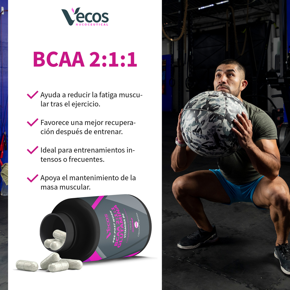 Bcaa 2:1:1 Vecos 200 Cápsulas | Recuperación Muscular Y Energía | Con Glutamina Y Vitamina B6_3