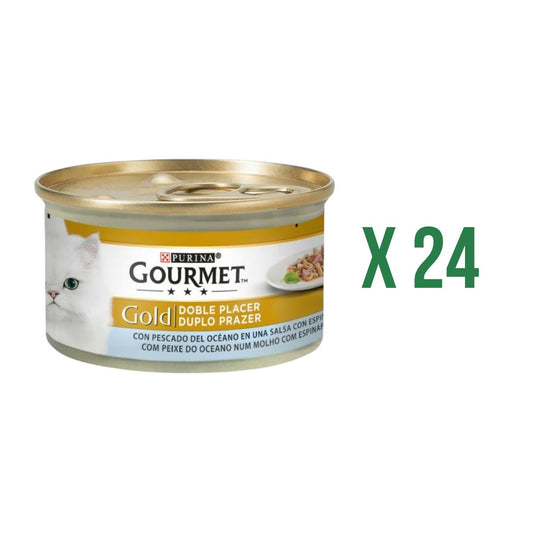 Pack 24 x GOURMET GOLD Doble Placer Pescado del Oceano & Espinacas Comida húmeda 85 g