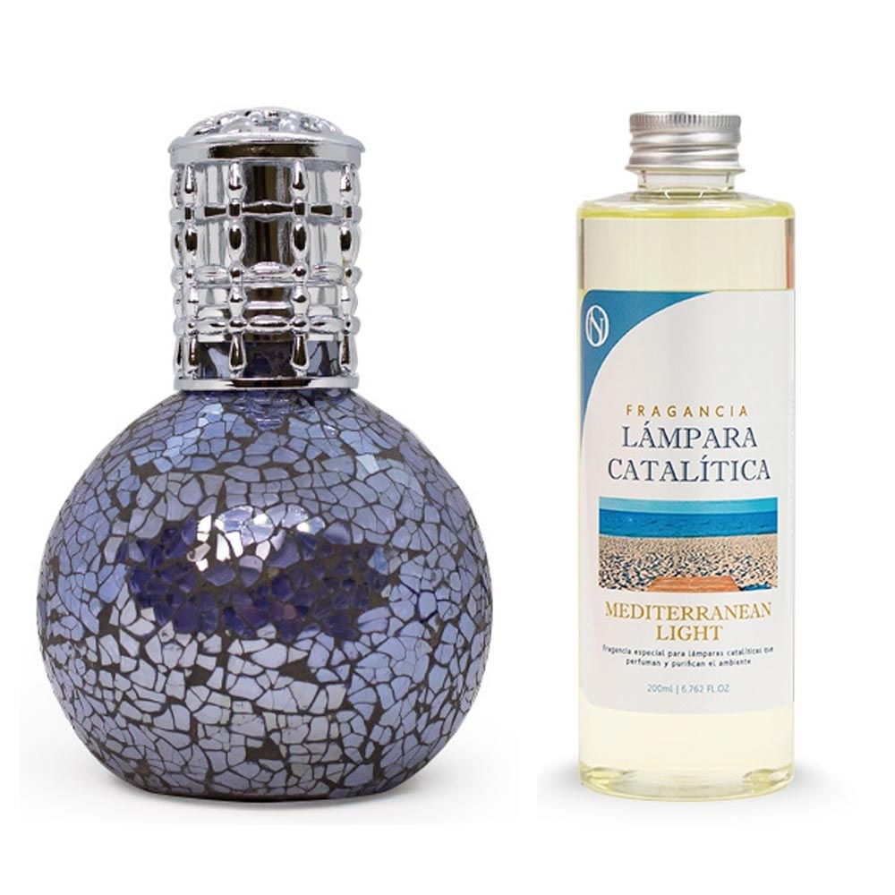 Lámpara Catalítica Mosaico Azul Océano + Fragancia Aroma Mediterranean Light 200ml - Elimina Malos Olores Y Perfuma_0