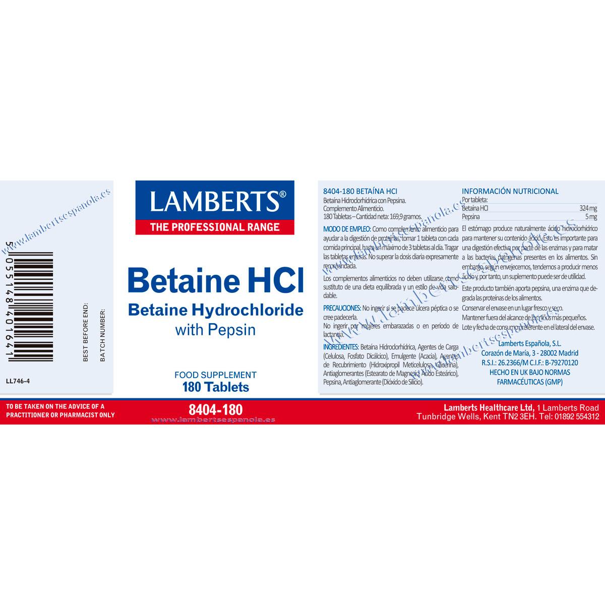 Betaína HCl 324mg/Pepsina 5mg Lamberts, 180 tabletas