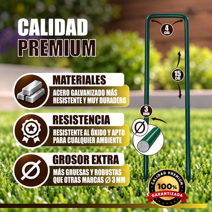 GREEN GOF 100 Grapas Verdes Para Cesped Artificial, Malla Antihierba Y Jardin. Acero Galvanizado, 15x4cm, Ø3mm._1