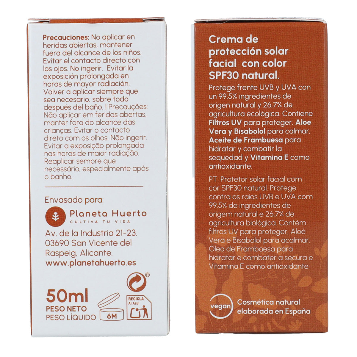 Crema de Protección Solar Facial con Color 100% mineral SPF30 Planeta Huerto 50 ml