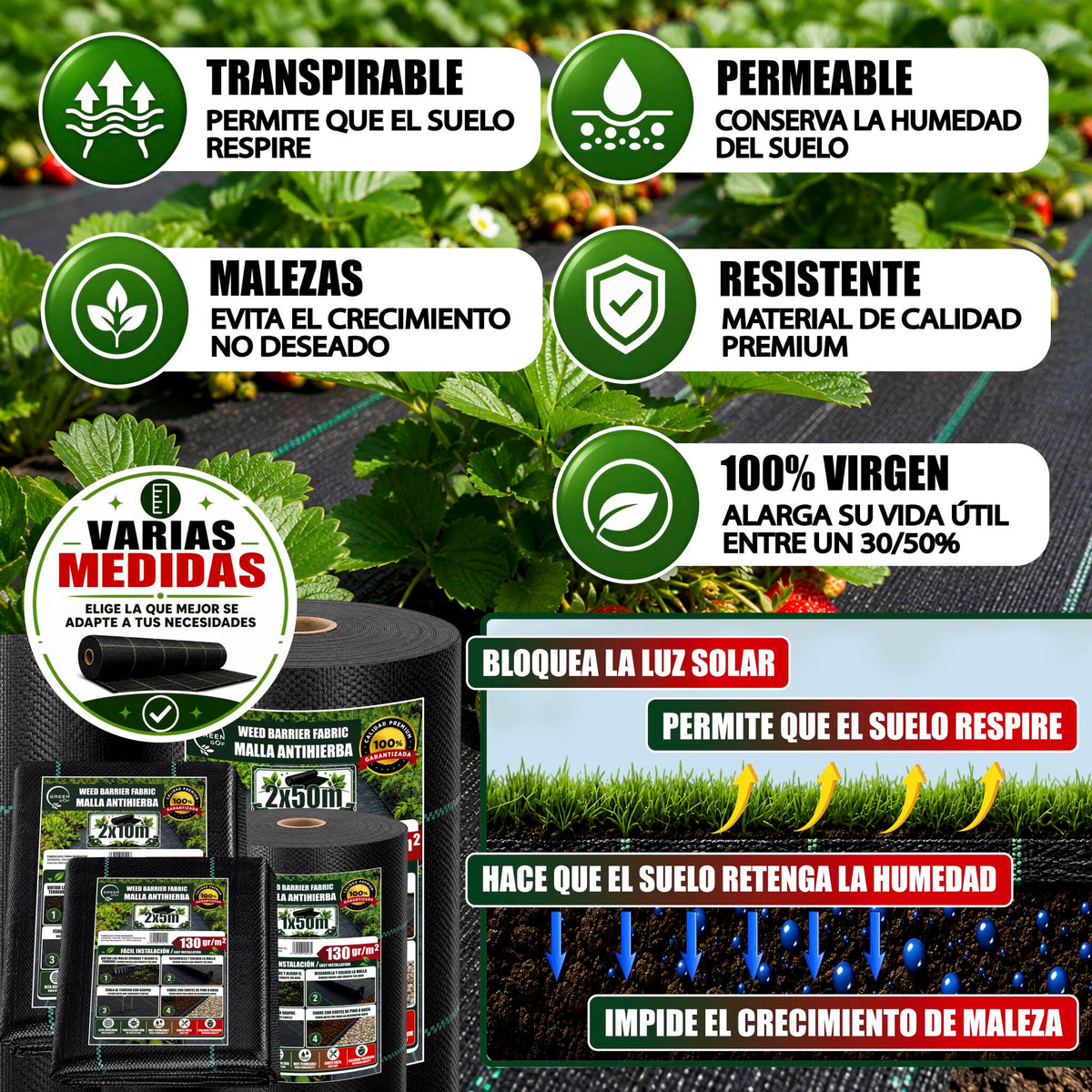 GREEN GOF Malla Antihierbas Premium 1x50m, 130g/m² - Ultra Resistente. Alta Estabilización Uv, Permeable Y Transpirable_2