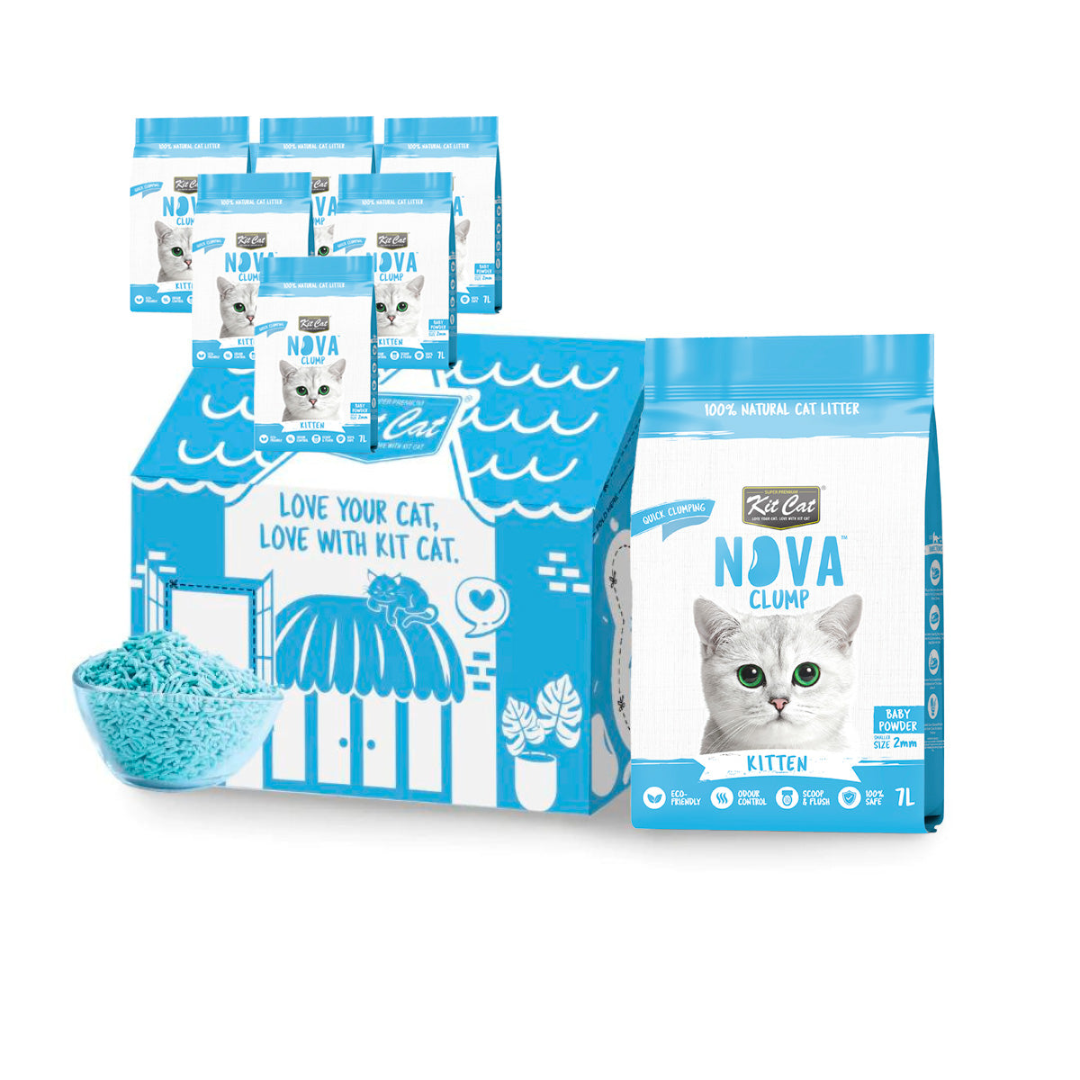 Pack 6 Kit Cat Arena Eco Nova Clump - Kitten Baby Powder 7 L Arena para gatos - Granulado fino Fragancia Suave
