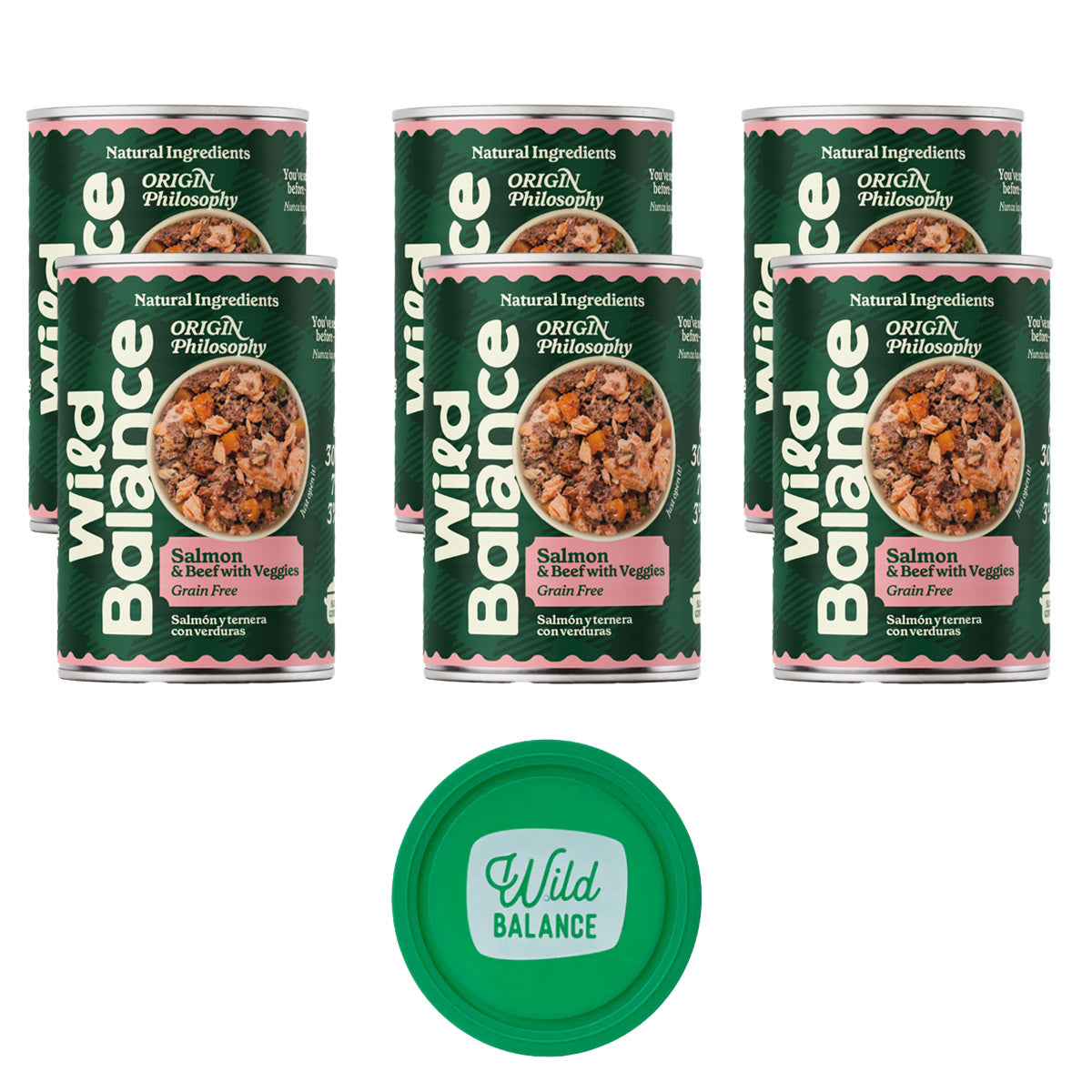 Pack 6x Salmón y Ternera barf para perros 400 g + Regalo: Tapa reutilizable para latas, Wild Balance