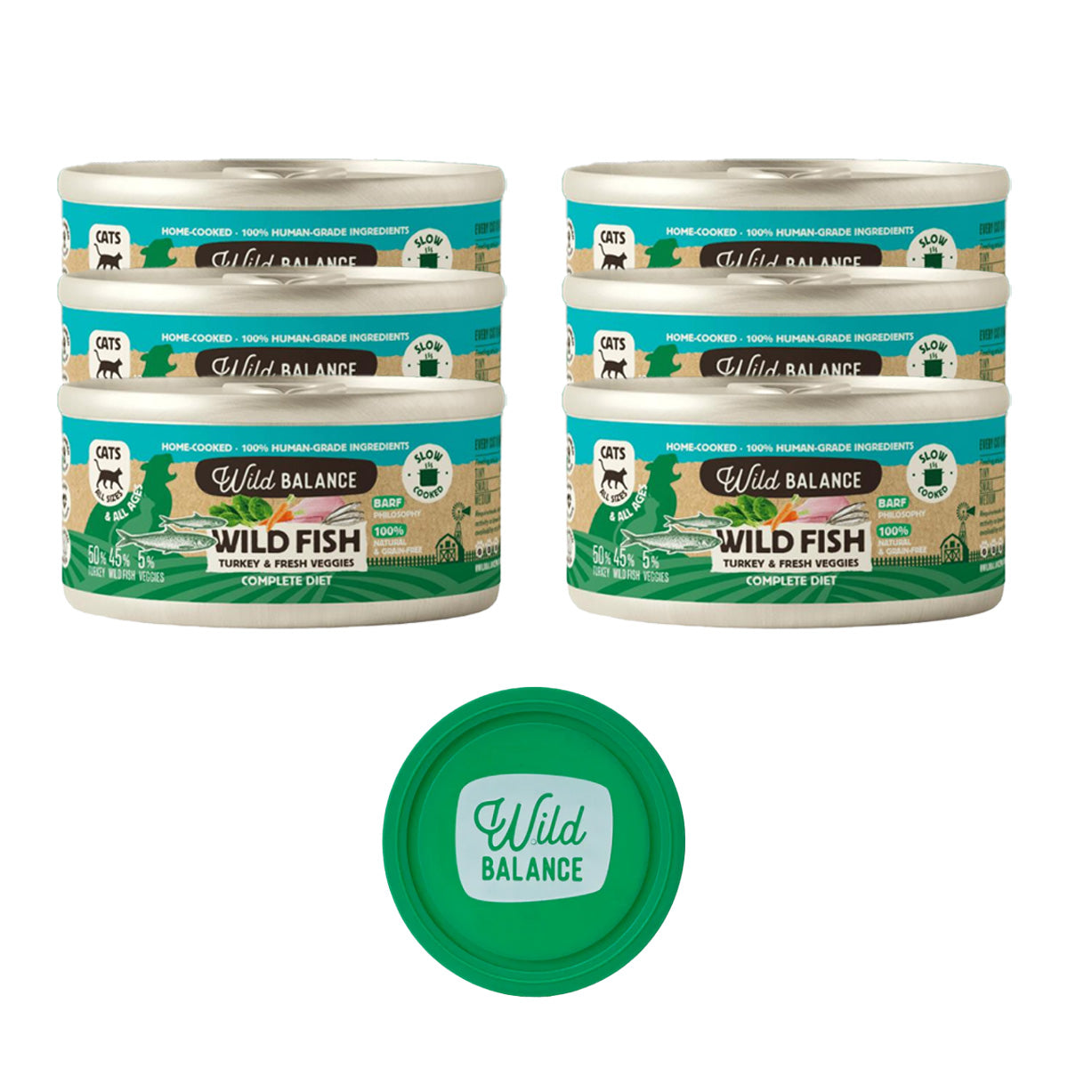 Pack 6x Lata de Pescado y Pavo BARF para gatos 120 g Wild Balance + Regalo: Tapa reutilizable para latas, Wild Balance