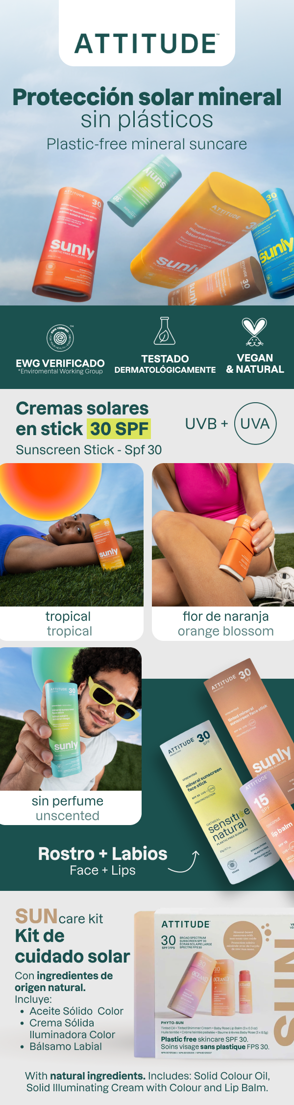 Mineral sunscreen Stick Face & Body Kids SPF 50 unscented Attitude Sunly 60 g
