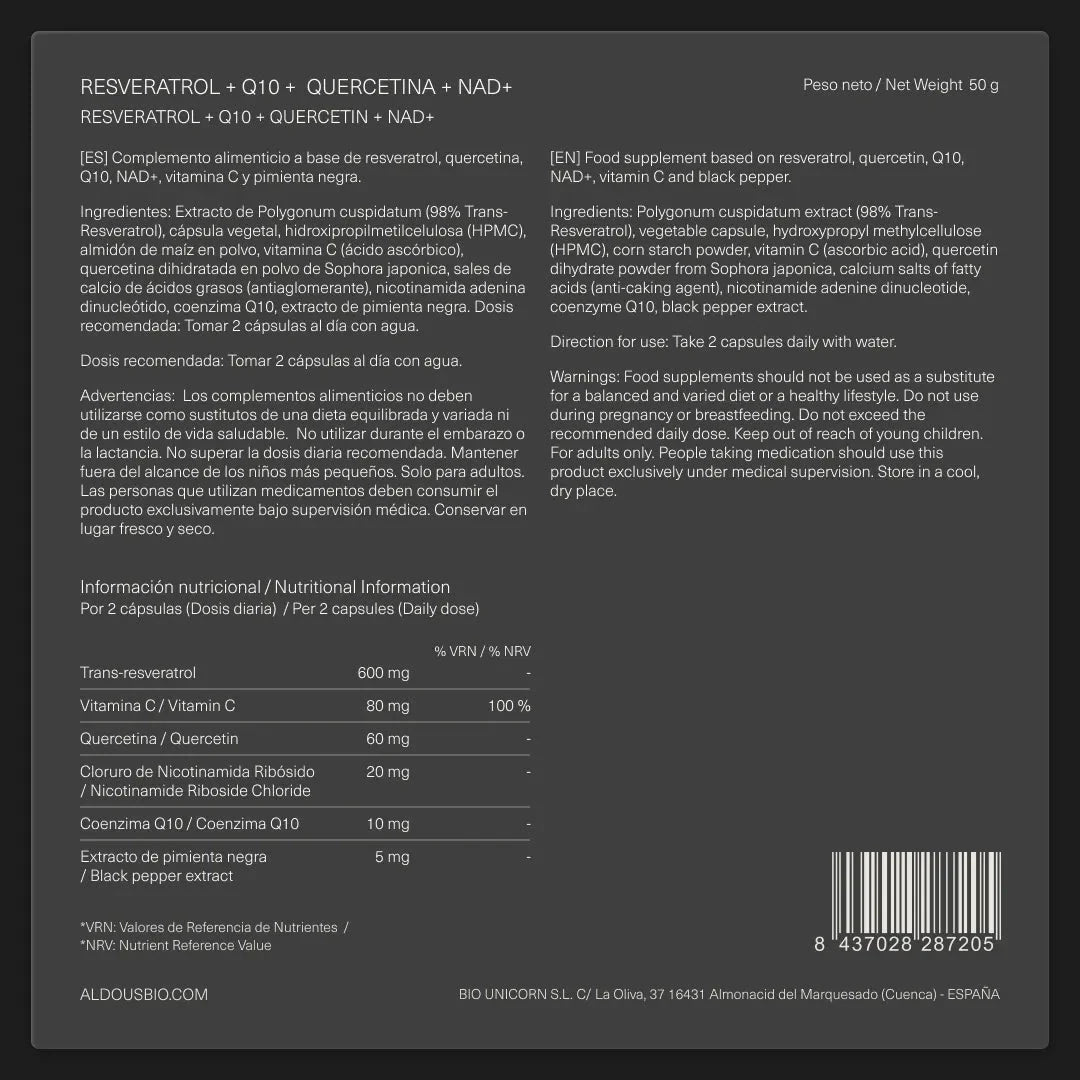 Etiquetado Resveratrol 600 mg 90 Cápsulas Aldous Bio